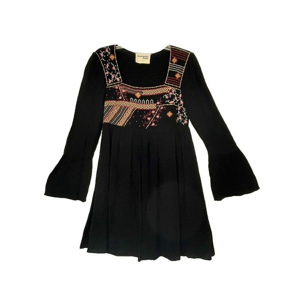 Savanna Jane Black Embroidered Boho Dress Festival Lightweight Flare Sleeve S